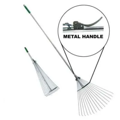 Metal handle lawn rake with close-up of the handle mechanism, one of the essential tools used for gardening.