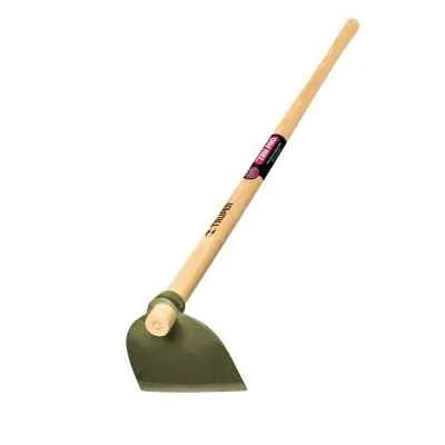 A gardening hoe, one of the tools used for gardening, with a wooden handle.