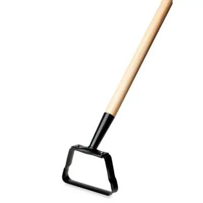 A hoe, one of the tools used for gardening, with a wooden handle and black metal head, isolated on a white background.