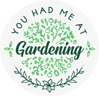 Circular graphic with the phrase "you had me at gardening" surrounded by a wreath of green leaves and garden tools.