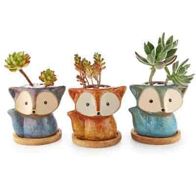 Metallic Blue Mini Fox Ceramic Cactus Succulent Pot Animal Indoor Planter 