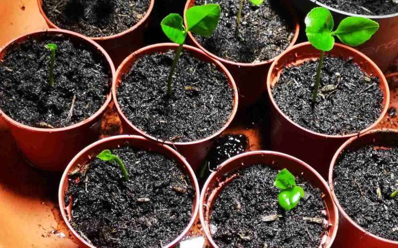 Young plants showcasing lemon tree growth stages are sprouting in a series of pots with potting soil.